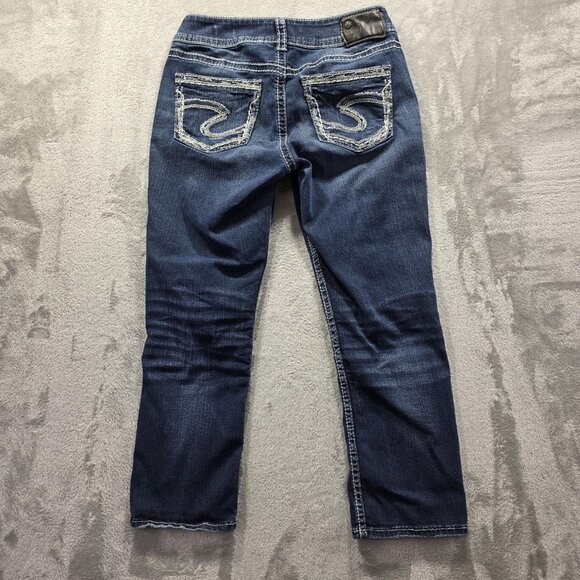 Silver Jeans Suki Mid Capri Womens 28 Blue Distressed Embroidered Pockets Denim - Picture 2 of 12
